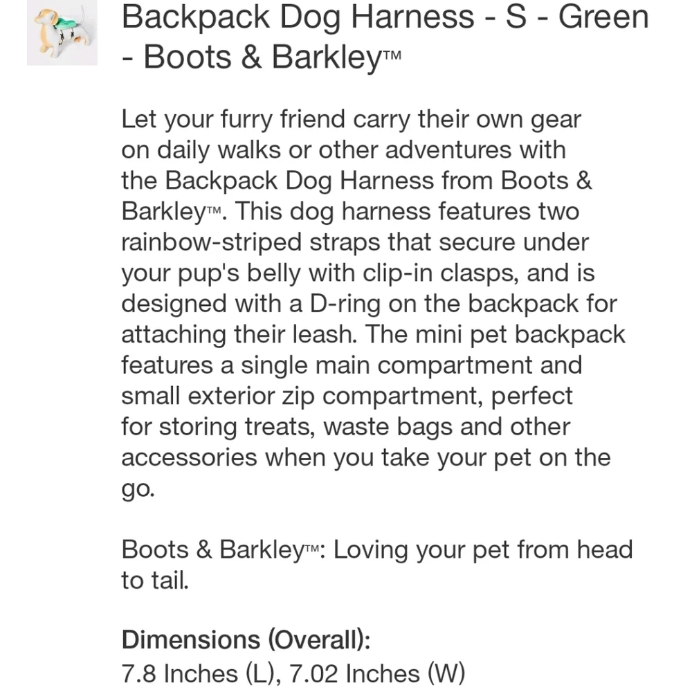 Boot & Barkley Backpack Dog Harness - Small